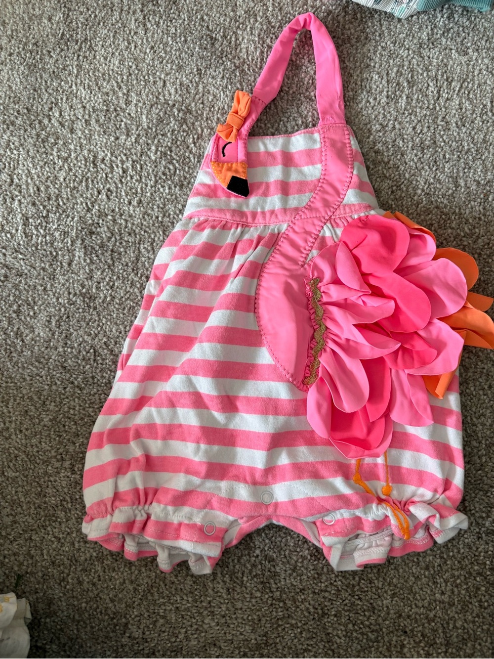 Mud Pie Pink & White Striped Flamingo Romper with Orange Accents